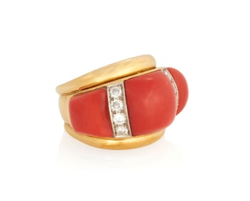 A Gold, Coral and Diamond Ring