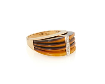 A 14K Gold, Tiger's Eye and Diamond Ring