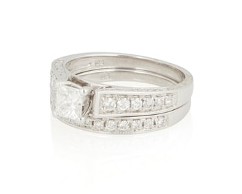 A 14K White Gold and Diamond Ring Set