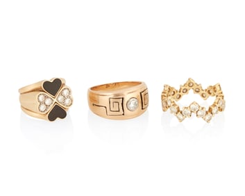 Three Gold, Diamond and Onyx Rings