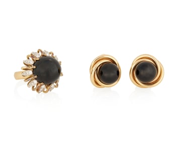 A Group of Gold, Onyx and Diamond Jewelry
