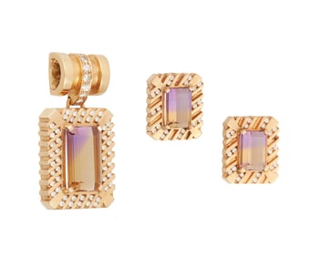 A Gold, Ametrine and Diamond Pendant and Earring Set