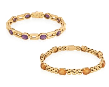 Two 18K Gold, Amethyst and Citrine Bracelets