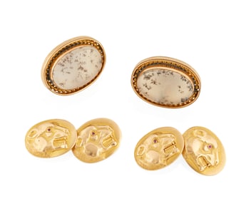 Two Pairs of Gold, Gold Plated and Gem-Set cufflinks