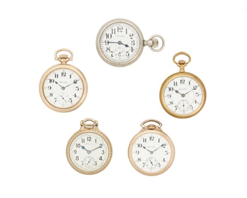 Five Hamilton Watch Co. Railroad Style Pocket Watches