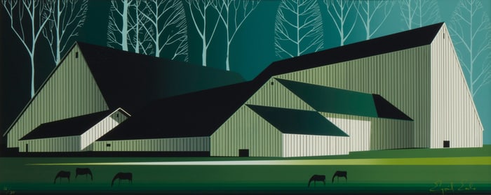 Eyvind Earle (1916-2000), "American Barns," 1982