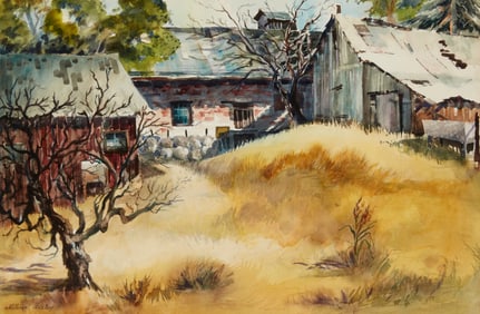 Millicent Bishop (20th century), "Three Picchetti Farm Buildings," Watercolor on paper, Sight: 14" H