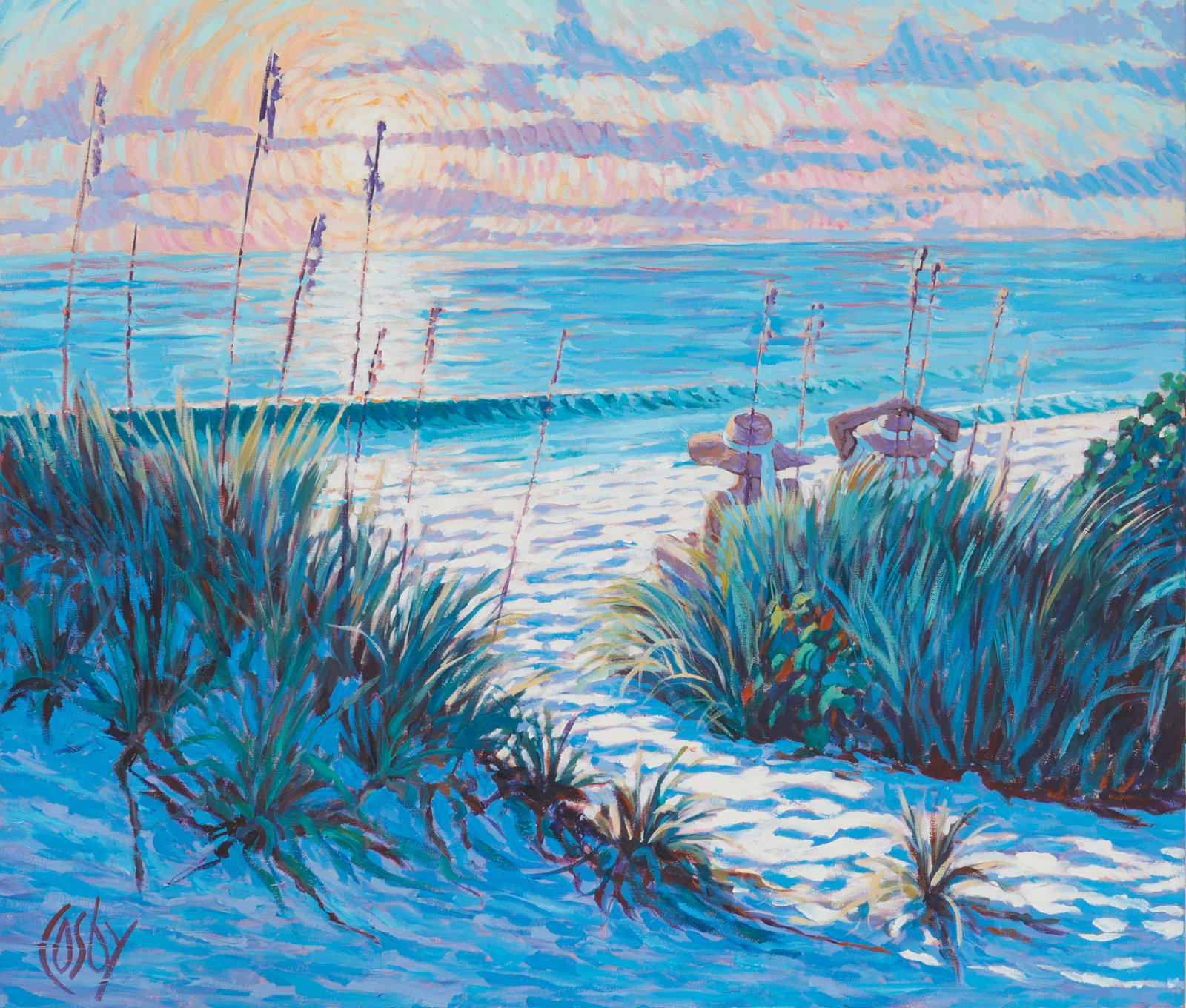 John Cosby (b. 1955), Couple relaxing at the beach: John Cosby (b. 1955) Couple relaxing at the beach Oil on canvas Signed lower left: Cosby 36" H x 42" W