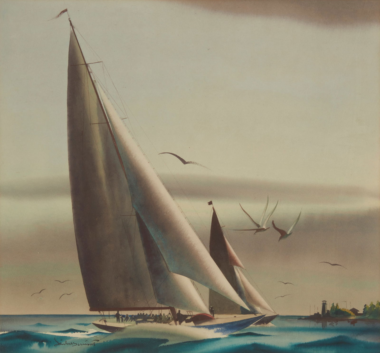 Sandor Bernath (1892-1984), Sailboats along the coast: Sandor Bernath(1892-1984)Sailboats along the coastWatercolor on paperSigned lower left: Sandor BernathSight: 17" H x 18" W