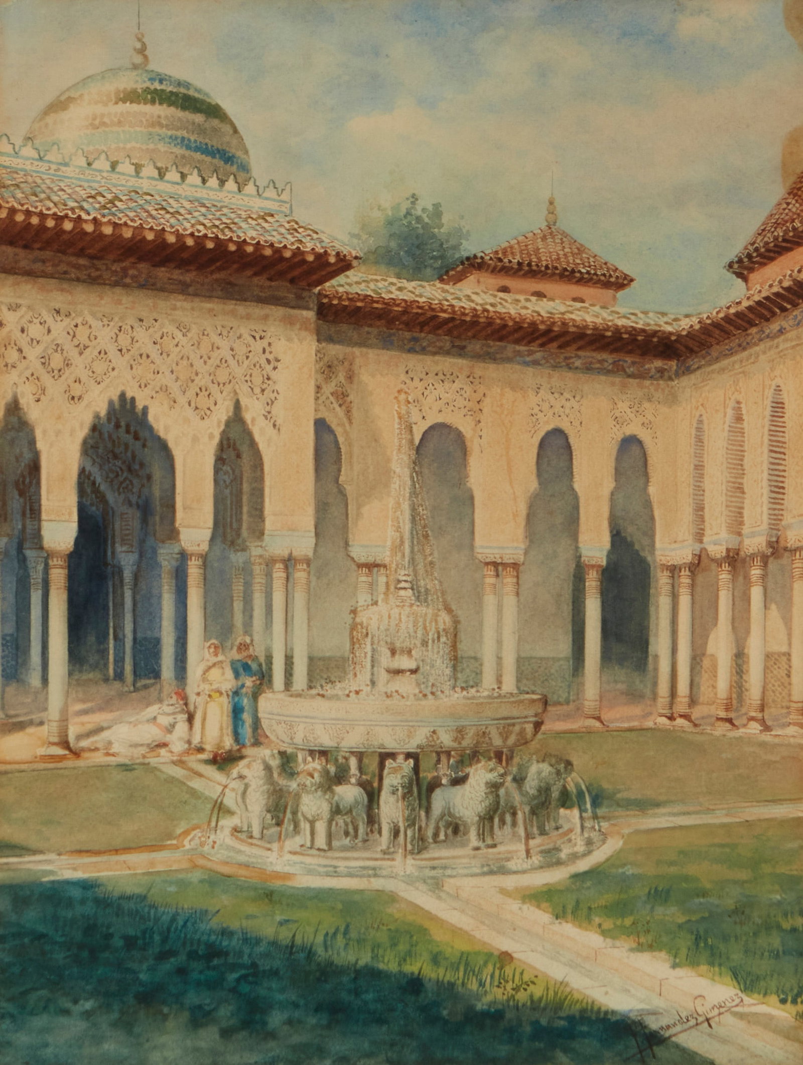Federico Fernandez Gimenez (1841-1910), Court of Lions at the Alhambra: Federico Fernandez Gimenez (1841-1910) Court of Lions at the Alhambra Watercolor on paper Signed lower right: F. Fernandez Gimenez Sight: 13.75" H x 10.25" W