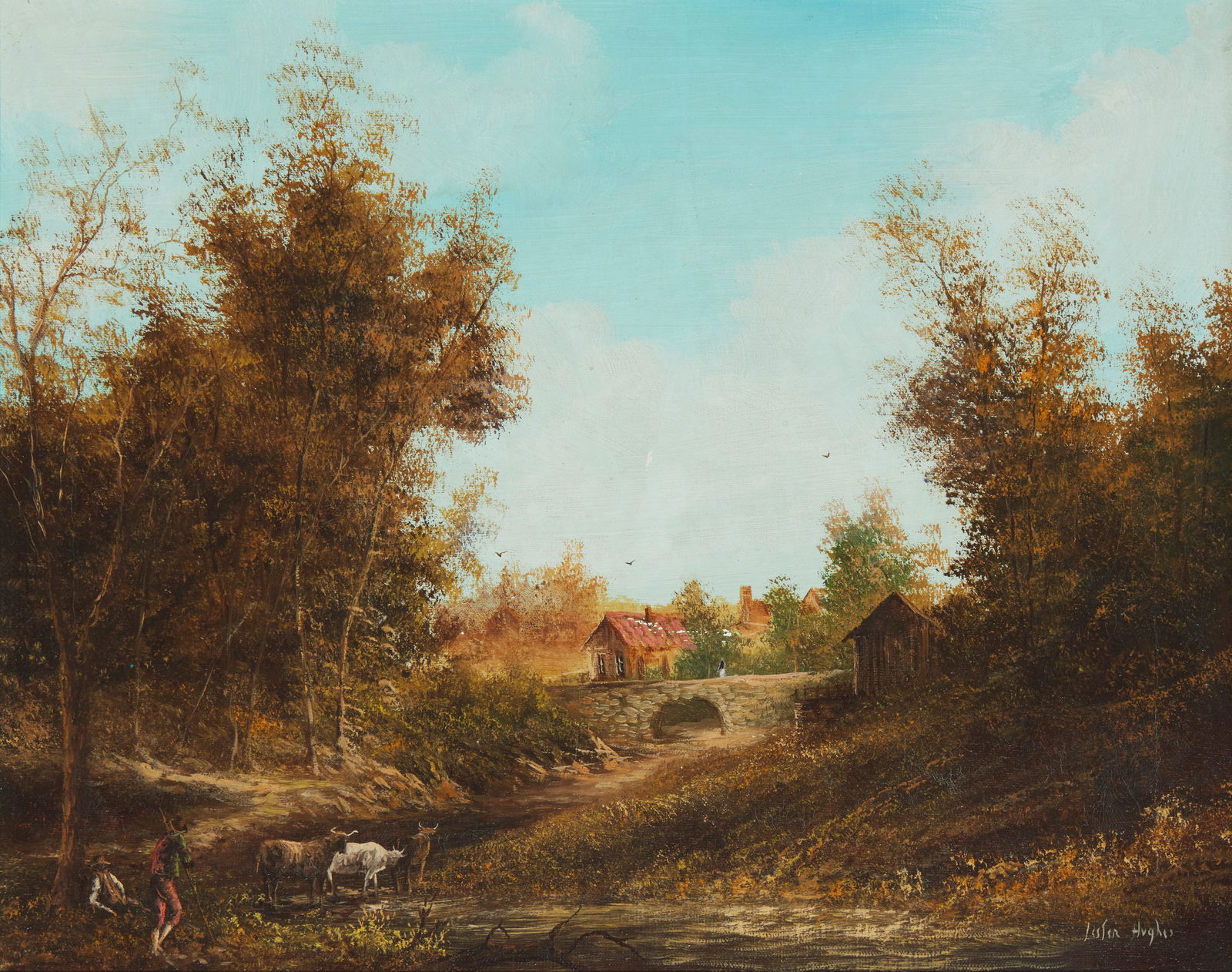 Lester Hughes (b. 1940), Villagers with cattle: Lester Hughes(b. 1940)Villagers with cattleOil on canvasSigned lower right: Lester Hughes16" H x 20" W