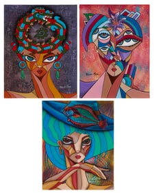 Ricardo Maya (b. 1969) Three works: Woman with flower hat, Woman with Quetzalcoatl, and Woman with