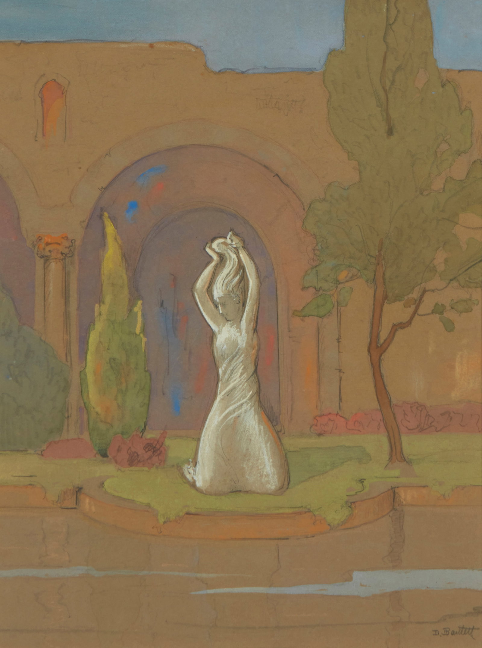 Dana Bartlett (1882-1957), Sculpture garden sketch: Dana Bartlett (1882-1957) Sculpture garden sketch Watercolor and graphite on paper Signed lower right: D. Bartlett Sight: 14.25" H x 11" W