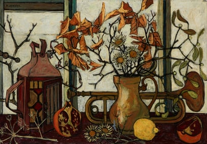 Maurice Verdier (1919-2003), Still Life with a trumpet, lemon, and daisies, Oil on canvas, 25.75" H