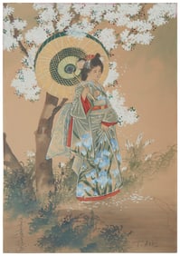 Toshio Aoki (1854-1912), Woman with parasol under a cherry blossom tree, Watercolor and gouache on