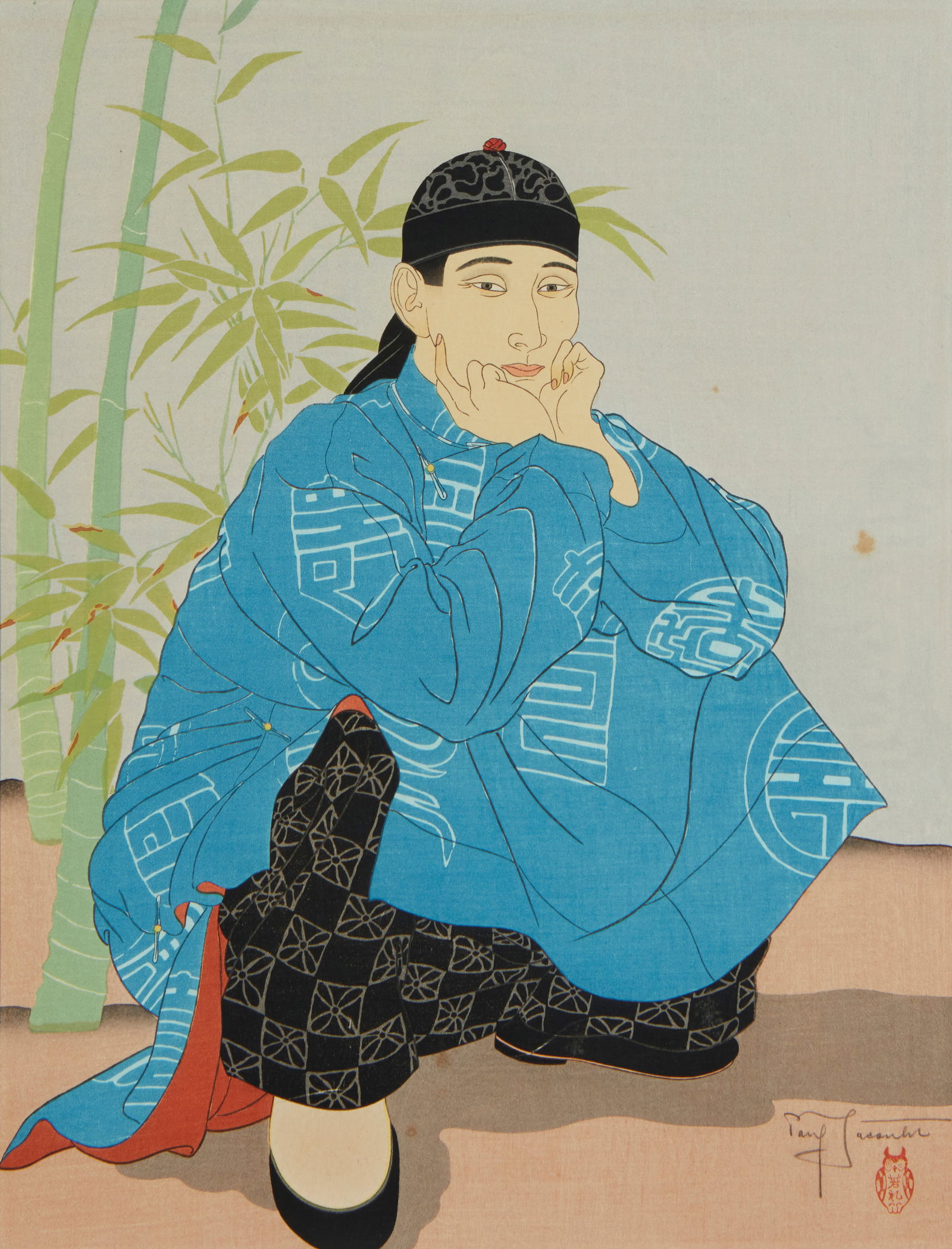 Paul Jacoulet (1896-1960), "L'Homme Accroupi. Chinois," 1947: Paul Jacoulet(1896-1960)"L'Homme Accroupi. Chinois," 1947Woodcut in colors on handmade mulberry paper with the artist's watermarkEdition: one of fewer than 250 total impressionsSigned in pen
