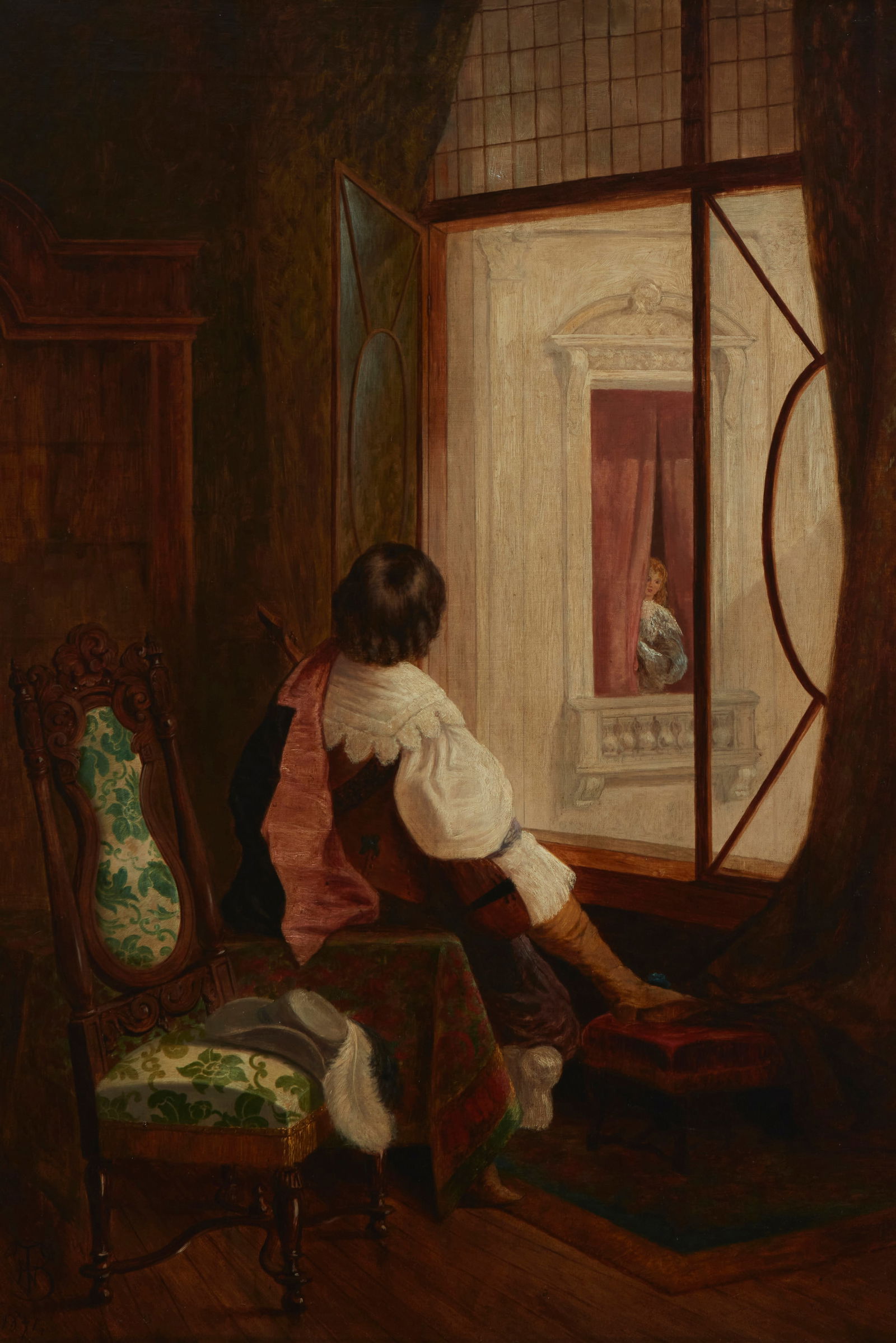 19th Century European School, A man playing music through a window, Oil on canvas laid to canvas,: 19th Century European SchoolA man playing music through a window, 1871Oil on canvas laid to canvasMonogrammed and dated lower left: TNB36" H x 24" W