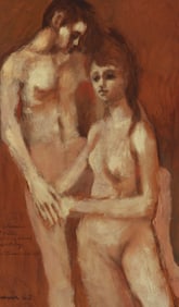 Bill Brauer (b. 1939), Nude couple, 1962, Oil on Masonite, 16" H x 24" W