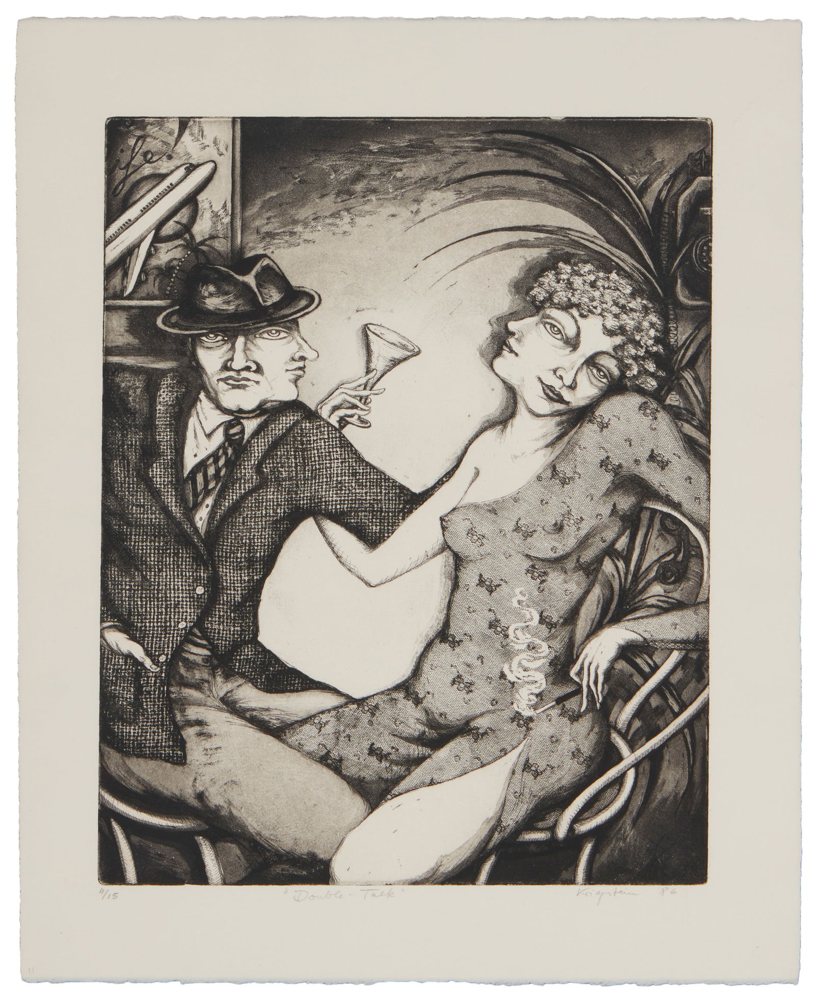 Zara Kriegstein (1952-2009), "Double-Talk," 1986: Zara Kriegstein(1952-2009)"Double-Talk," 1986Etching and aquatint on wove paperEdition: 11/15Signed, titled, dated, and numbered in pencil in the lower margin: KriegsteinPlate: 17.75" H