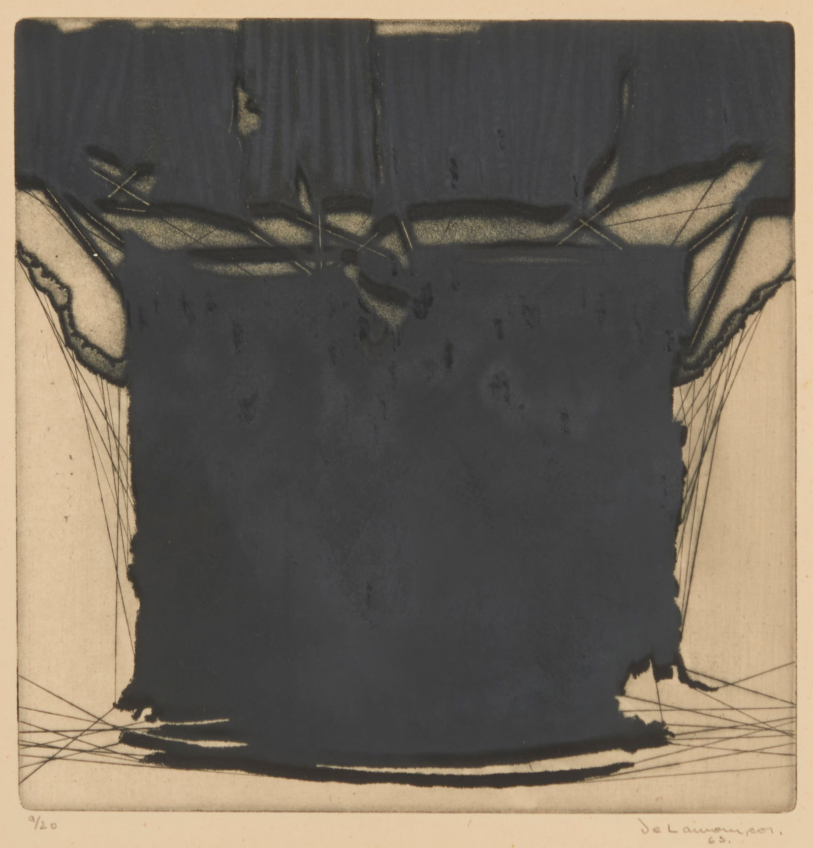 Roberto Delamonica (1933-1995), "Grabado #7," 1963: Roberto Delamonica(1933-1995)"Grabado #7," 1963Etching on wove paperEdition: 9/20Signed, dated, and numbered in pencil in the lower margin: Delamonica; titled on a label affixed to the frame