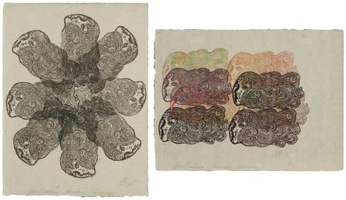 Olga Blinder (1933-2008, Paraguayan), Two woodcuts on Japanese paper, 1970