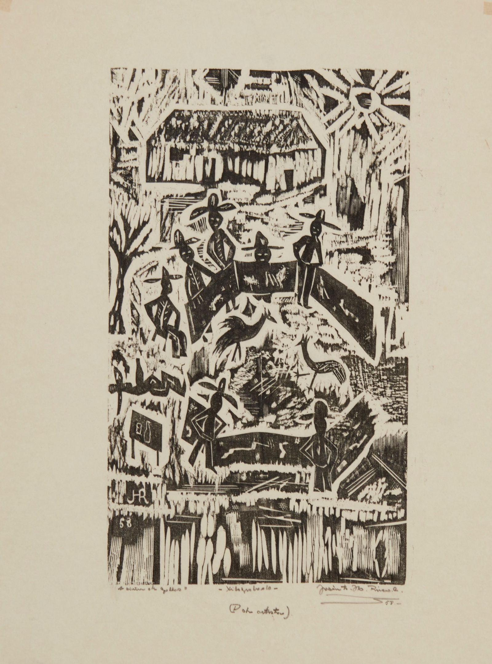 Jacinto Riveros (1932-1997), "Cockfight," 1958: Jacinto Riveros(1932-1997)"Cockfight," 1958Woodcut on paperSigned, titled, and dated in pencil in the lower margin: Jacinto RiverosImage: 13.5" H x 8" W; Sheet: 17.625" H x 13