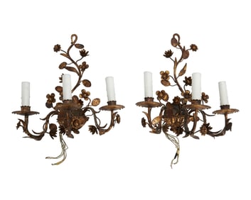 A pair of Italian gilt metal floral wall sconces