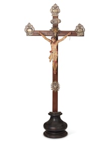 A Latin American wood and silver altar crucifix