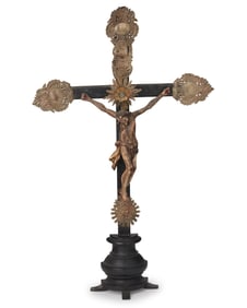 A Latin American wood and silver altar crucifix