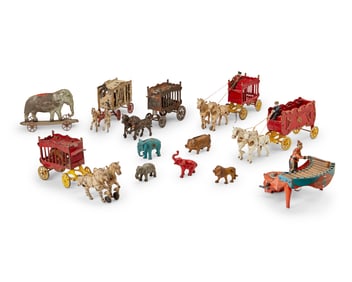 A group of assorted metal circus toys
