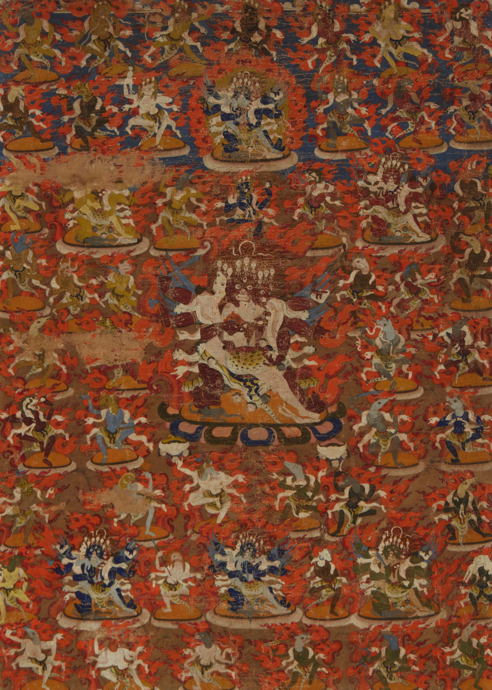 Thangka Painting depicting Herukas Tibet: Thangka Painting depicting Herukas Tibet18th century; TibetA tempera painting on canvas; a devotional work depicting the deity, Heruka in embracing his consort, Vajra Vetali, and the embracing figures