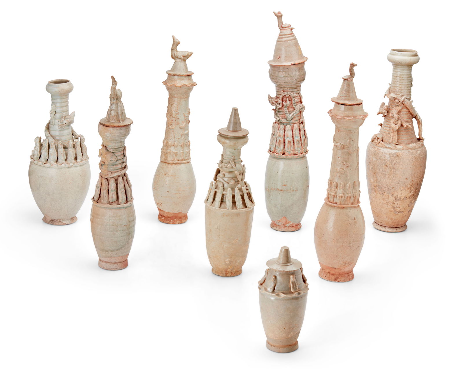 Eight Chinese celadon glazed pottery funerary jars (1 of 2)