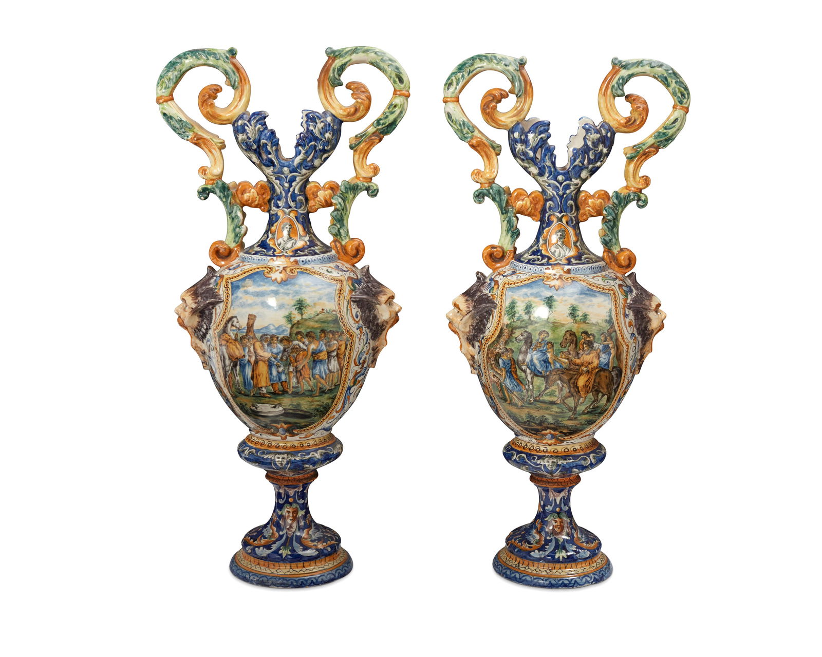 Gaetano Battaglia (1850-1885), A pair of large maiolica two-handled vases, late 19th century; Italy (1 of 12)