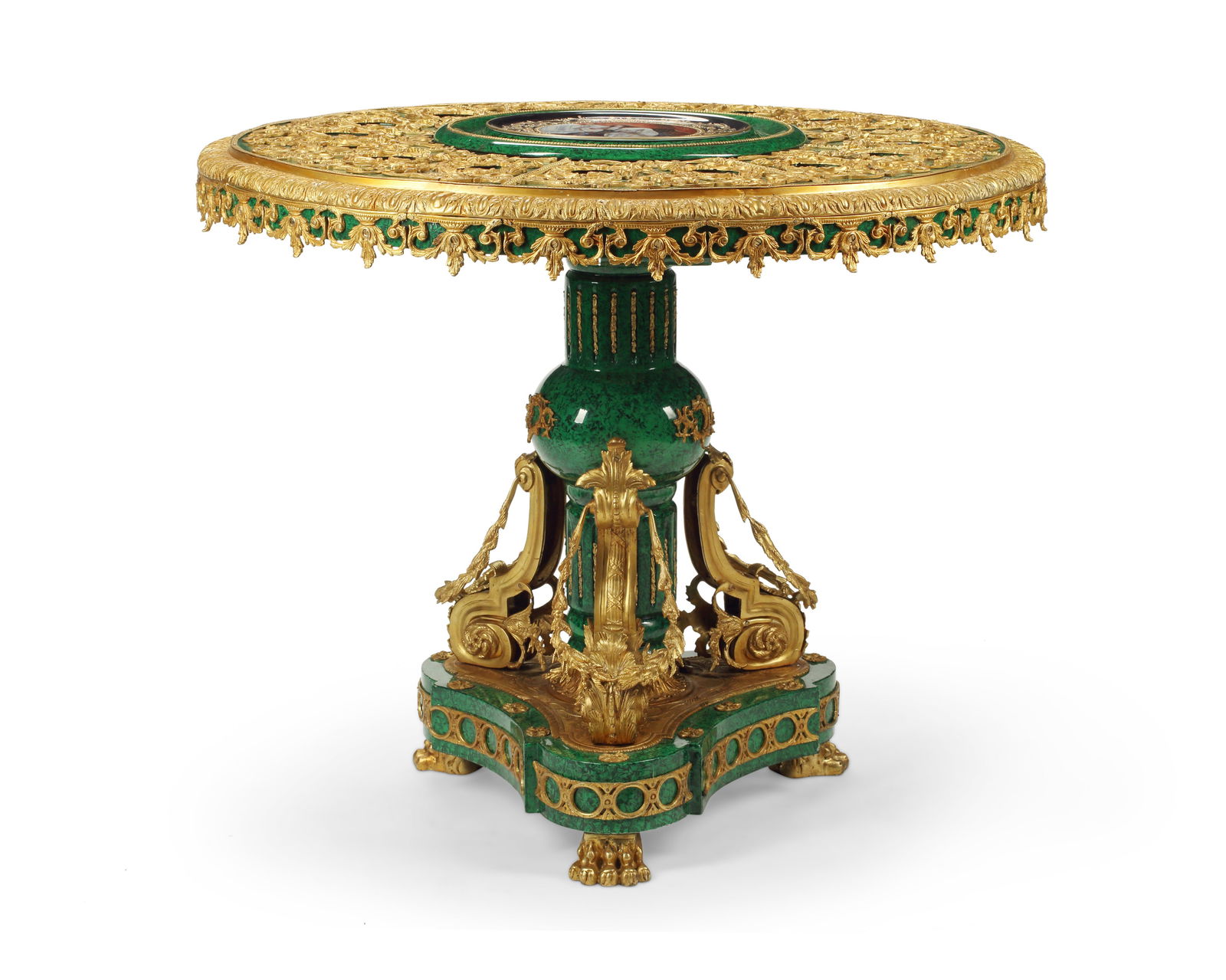 A Napoleon III-style faux malachite and porcelain center table (1 of 2)