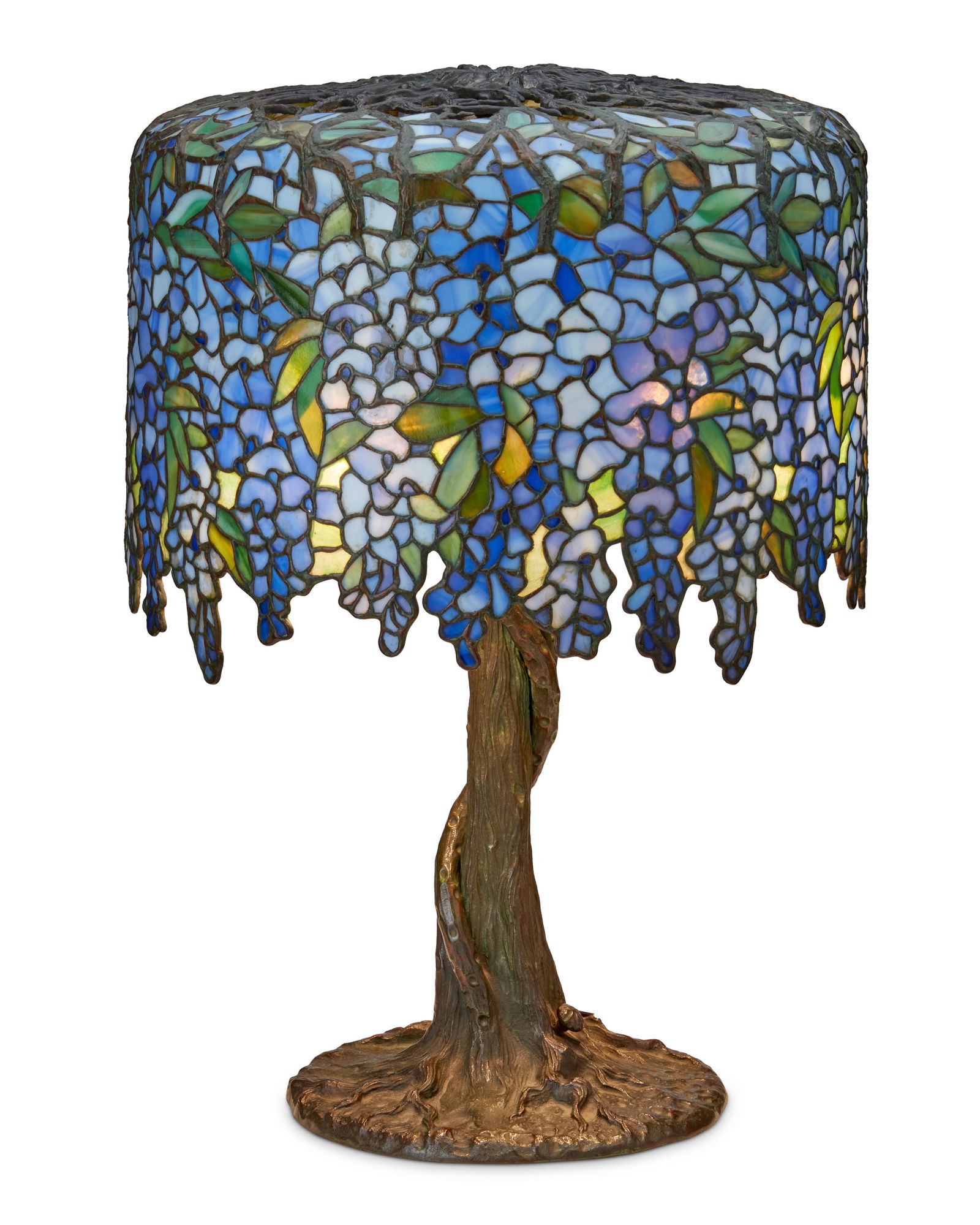 A Riviere Studios "Wisteria" table lamp: A Riviere Studios "Wisteria" table lampCirca 1910sAppears unmarkedThe three-light lamp with hand wrought tree-form base, possibly copper plated metal with the "antique verde" patin