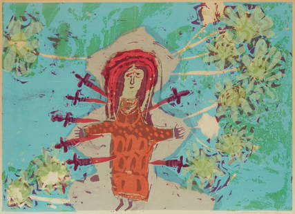 Corita (Sister Mary) Kent (1918-1986), "Seven Swords," 1957: Corita (Sister Mary) Kent (1918-1986) "Seven Swords," 1957 Screenprint in colors on paper Signed and titled in pencil in the lower margin: Sister Mary Corita Kent Image: 15.5" H x 21.5" W; Sheet: 16"