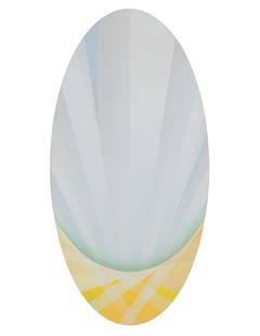 Matt Kahn (1928-2013), "Hidden Valley," 1994: Matt Kahn (1928-2013) "Hidden Valley," 1994 Acrylic on canvas over an oval-shaped construct of two wood forms Signed, dated, and titled in ink, verso: Matt Kahn 60.25" H x 30.25"