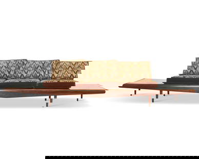 In the manner of Adrian Pearsall (1925-2011), A Modern three-seater sofa, late 20th/early 21st: In the manner of Adrian Pearsall (1925-2011) A Modern three-seater sofa, late 20th/early 21st century Unmarked The wood sofa with opposed inset white painted floating surfaces centering a