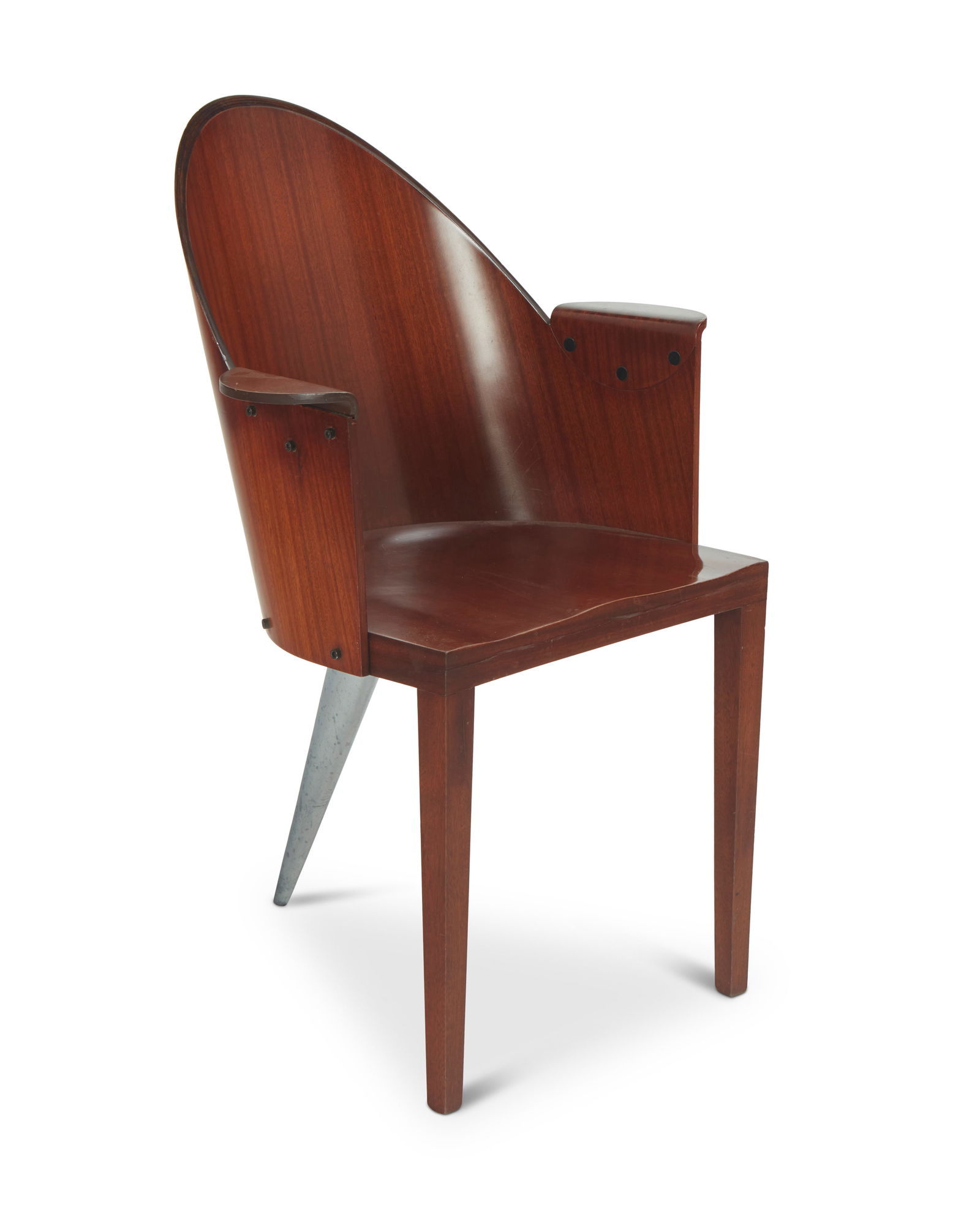 Philippe Starck (b. 1949), An armchair for Aleph / Driade from the Royalton Hotel, circa 2007: Philippe Starck (b. 1949)An armchair for Aleph / Driade from the Royalton Hotel, circa 2007Stamped to metal leg: Aleph by Starck; With sticker to underside: Aleph / 730831 /The wood seat issuing a cur