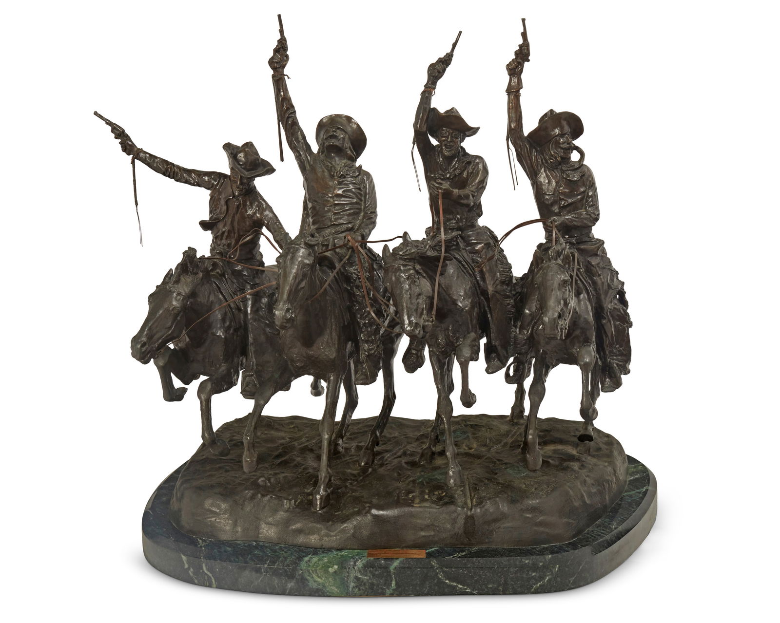 After Frederic Remington (1861-1909), "Coming Through the Rye," modeled 1902: After Frederic Remington(1861-1909)"Coming Through the Rye," modeled 1902Patinated bronze on a marble plinthSigned in the casting at base: Frederic RemingtonOverall: 29.25" H x 31.5&quo