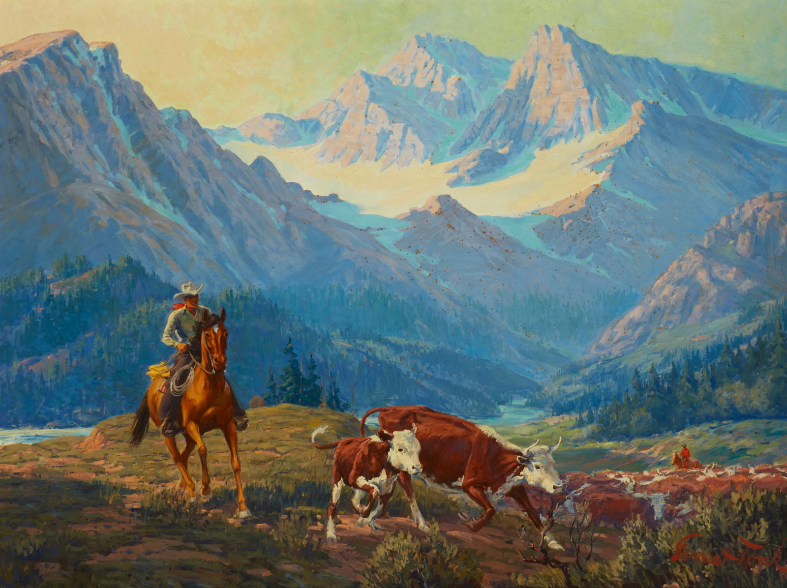 Ernest Tonk (1889-1968), "Enchantment": Ernest Tonk(1889-1968)"Enchantment"Oil on MasoniteSigned lower right: Ernest Tonk; titled on label affixed verso29.75" H x 39.5" W