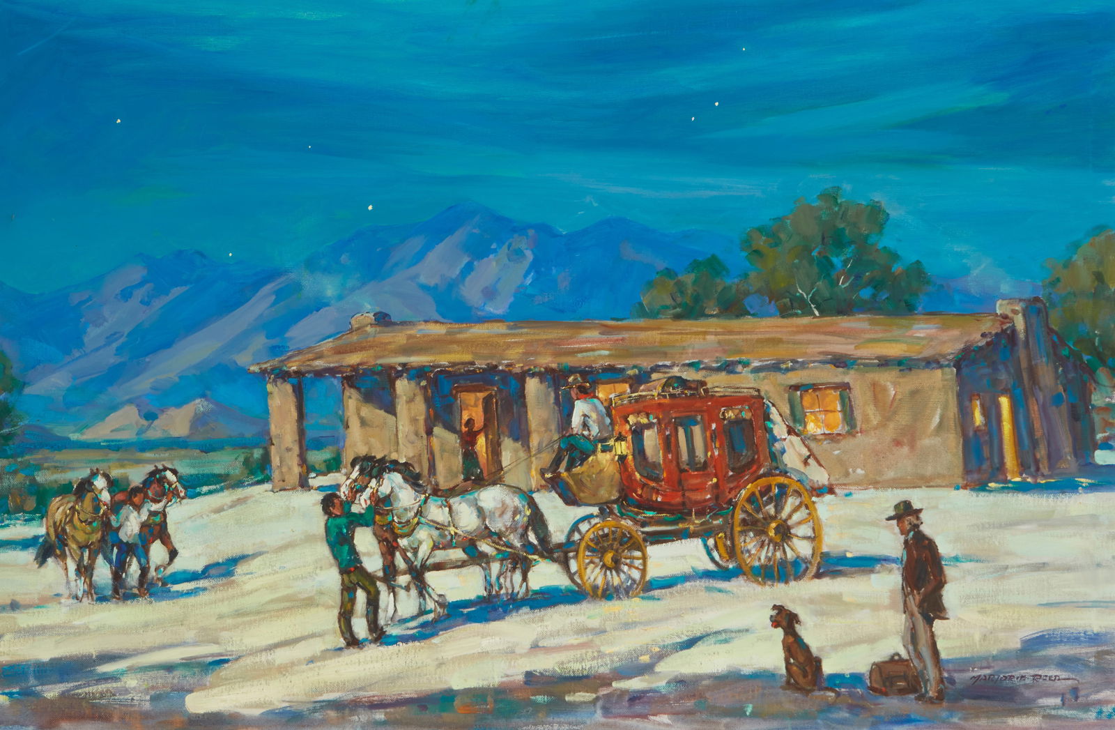 Marjorie Reed (1915-1996), "The East and W": Marjorie Reed(1915-1996)"The East and W"Oil on canvasSigned lower right: Marjorie Reed; titled in pencil, verso24" H x 36" W Other Notes: American artist Marjorie Reed's vivid colo