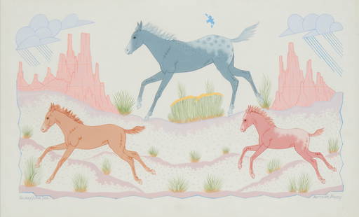 Harrison (Haskay Yahne Yah) Begay (1917-2012, Navajo/Diné), Running horses: Harrison (Haskay Yahne Yah) Begay(1917-2012, Navajo/Diné)Running horsesGouache on paperSigned lower left and right: Haskay Yahne Yah / Harrison BegaySight: 14" H x 22" W