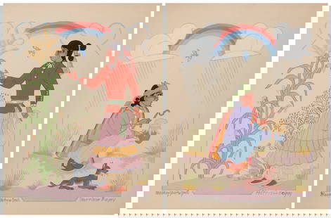 Harrison (Haskay Yahne Yah) Begay (1917-2012, Navajo/Diné): Harrison (Haskay Yahne Yah) Begay (1917-2012, Navajo/Diné)Two works:Native American with cornstalkGouache on paperSigned lower left and right: Haskay Yahne Yah / Harrison BegaySight: 10" H x 8" W