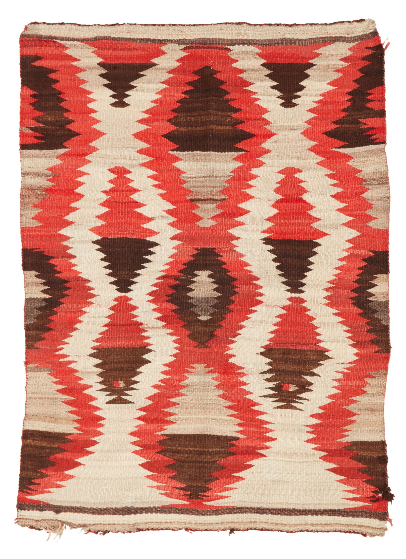 A Navajo regional rug: A Navajo regional rugEarly 20th century, DineWoven in red, cream, grey, and dark brown wool, with alternating conjoined and floating serrated diamond motifs41" H x 58" W