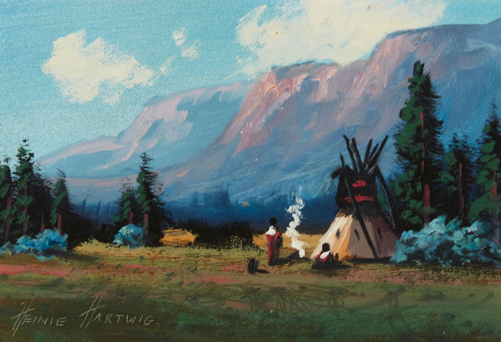 Heinie Hartwig (b. 1937), Landscape with encampment: Heinie Hartwig(b. 1937)Landscape with encampmentOil on MasoniteSigned lower left: Heinie Hartwig5" H x 7" W