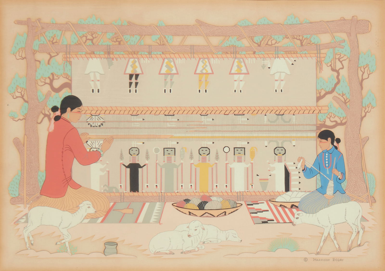Harrison (Haskay Yahne Yah) Begay (1917-2012, Navajo/Diné), Navajo mother and daughter weaving: Harrison (Haskay Yahne Yah) Begay(1917-2012, Navajo/Diné)Navajo mother and daughter weavingScreenprint in colors on paperFrom the edition of unknown sizeWith the printed signature in the image at low