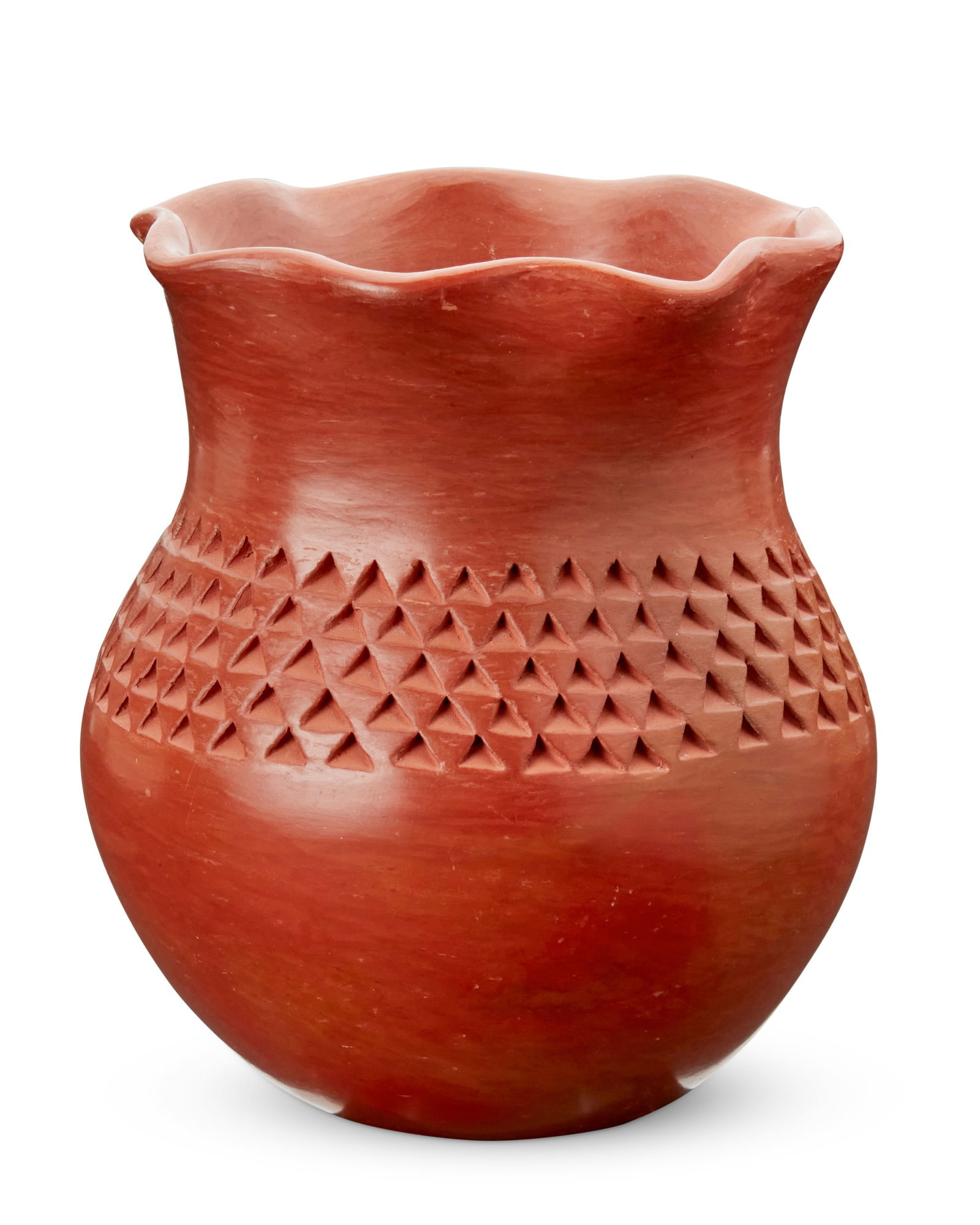 Garnet (Flower Girl) Pavatea (1915-1981, Hopi-Tewa), A redware pottery vase, circa 1960s: Garnet (Flower Girl) Pavatea (1915-1981, Hopi-Tewa)A redware pottery vase, circa 1960sMarked to the underside: Garnet / Pavatea / First Mesa / PolaccaThe vase with flared piecrust rim above a banded i