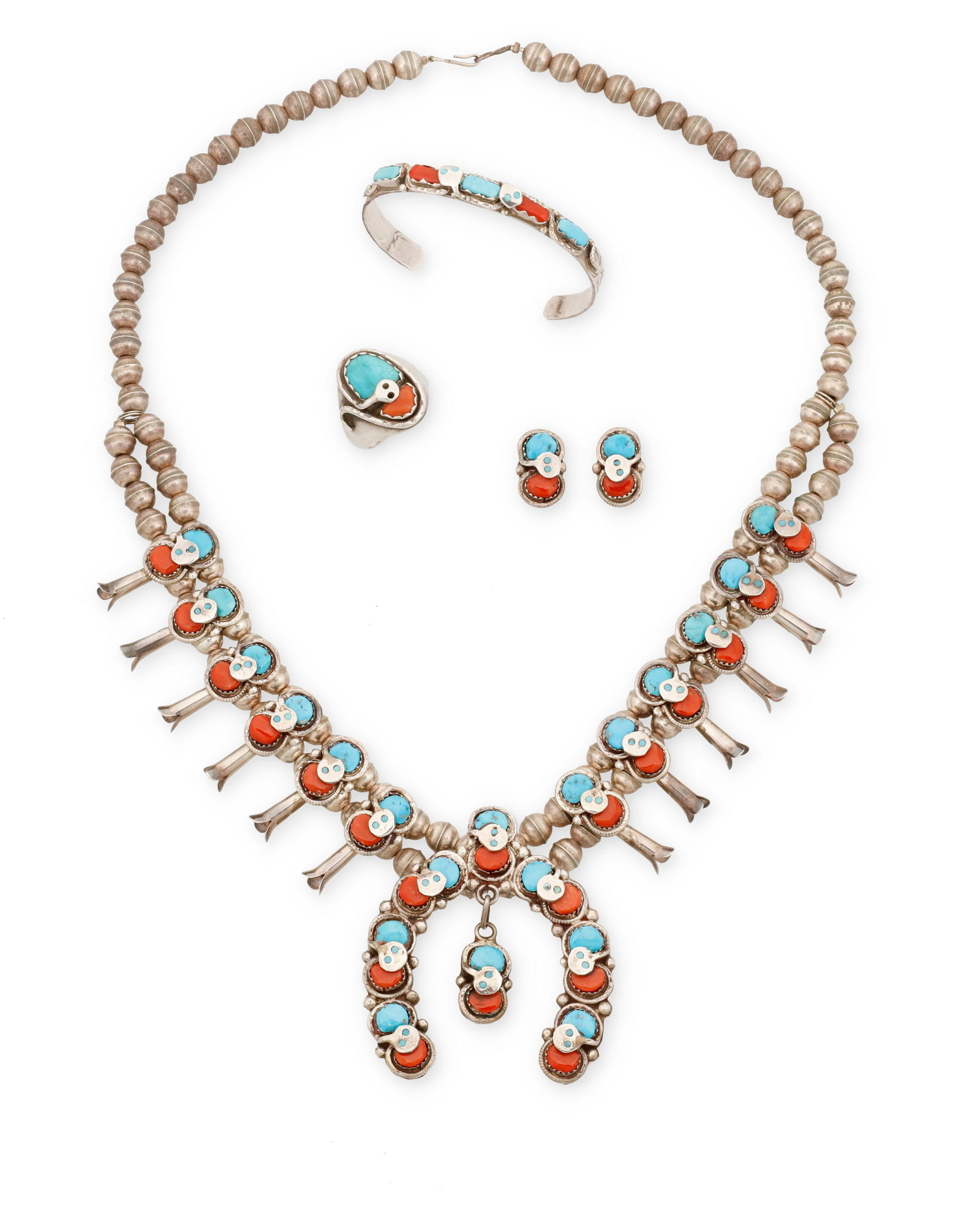 A set of Effie Calavaza Zuni silver set coral and turquoise jewelry (1 of 2)