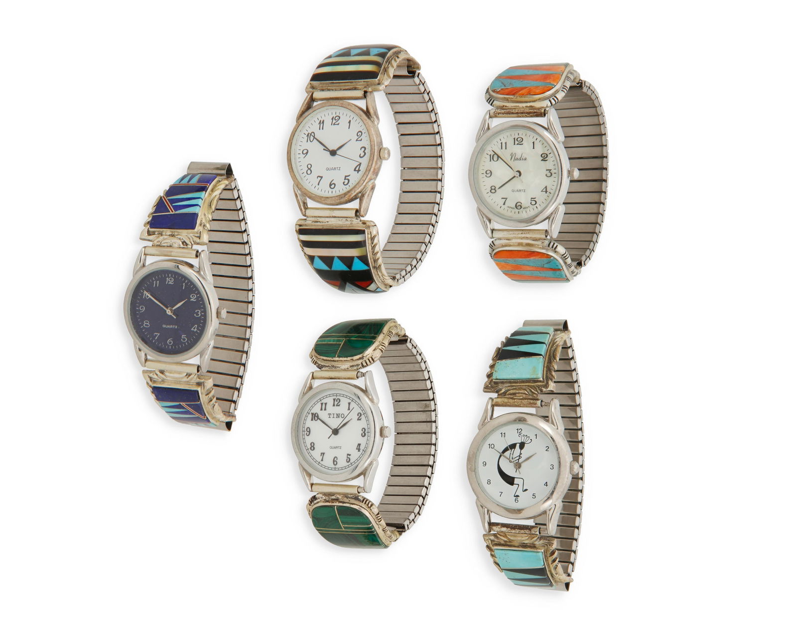 A group of Southwest stone inlay wristwatches: A group of Southwest stone inlay wristwatchesMid/late 20th centuryFour variously stamped: Sterling / [unknown maker]Five multicolored stone inlay and silver watch bands in various stones including tur
